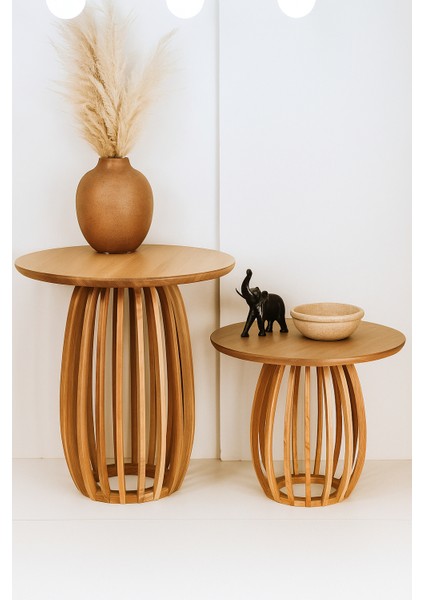 Palermo Duo Yuvarlak Modern Rustik Klasik Iskandinav Retro Vintage Dekoratif Ahşap Çıtalı Yan Orta Mantar 2li Ikili 2'li Sehpa
