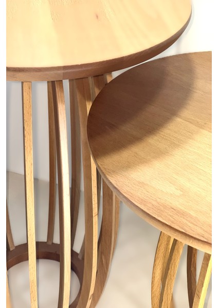 Palermo Duo Yuvarlak Modern Rustik Klasik Iskandinav Retro Vintage Dekoratif Ahşap Çıtalı Yan Orta Mantar 2li Ikili 2'li Sehpa modelleri