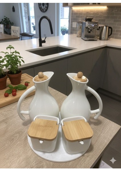 Yuvarlak Mermer Stantlı Porselen 2'li Yağlık & Porselen 2'li Tuzluk Mutfak Seti