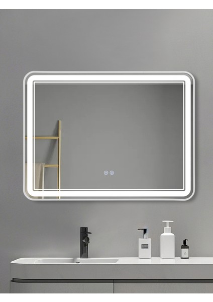 Akıllı Ayna Buğu Çözücülü 3 LED Işıklı Beyaz Çerçeveli Banyo Aynası 80X60 cm