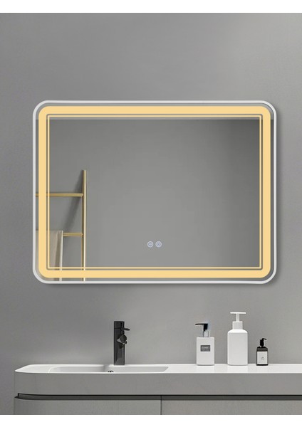 Akıllı Ayna Buğu Çözücülü 3 LED Işıklı Beyaz Çerçeveli Banyo Aynası 80X60 cm modelleri