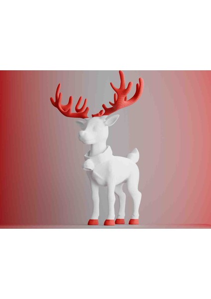 3D Baskı Kırmızı Boynuzlu Noel Geyiği Dekoru – Yılbaşı Masaüstü ve Ev Süsü – Şık Hediye Fikri