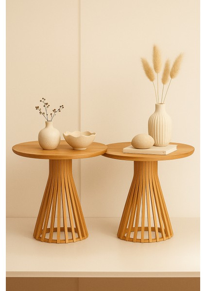 Palermo Duo Yuvarlak Modern Rustik Klasik Iskandinav Retro Vintage Dekoratif Ahşap Çıtalı Yan Orta Mantar 2li Ikili 2'li Sehpa