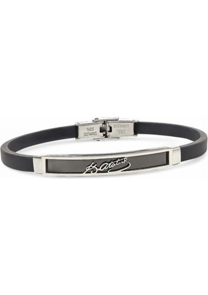 Erkek Kemal Atatürk Imzalı Silikon Kordonlu Çelik Bileklik