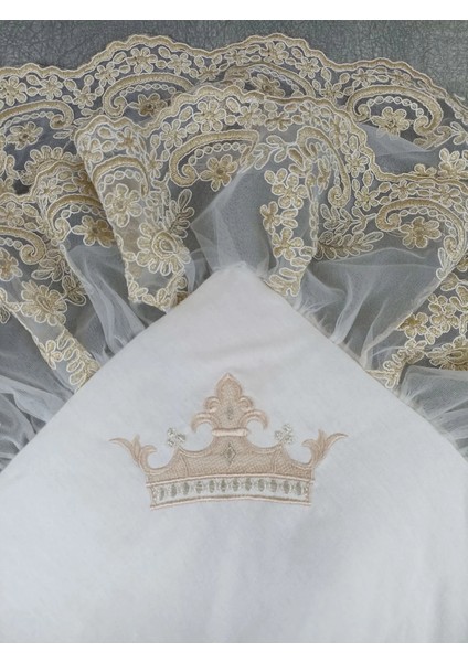 Yenidoğan Saray Kadife Taç Nakışlı Inci Fiyonklu Çift Dantel Duvak Trilüks Kundak Bebek Battaniyesi Vizon-Gold indirimleri