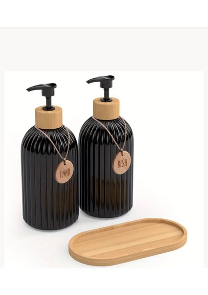 2’li Hands Dishes Siyah Dekoratif Mutfak Banyo Sıvı Cam Sabunluk Seti 500ML Bambu Stantlı Set