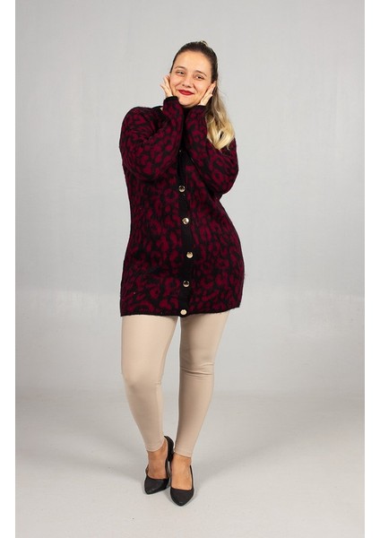 Leopar Desenli Triko Tunik Bordo Rahat Kalıp Standart (48 Bedene Kadar)