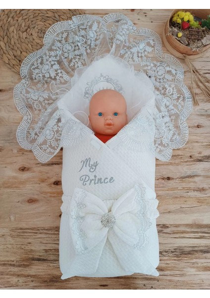 Yenidoğan Pamuk Taç Benim Prensim Nakışlı Trilüks Kundak Bebek Battaniyesi Ekru fiyatları