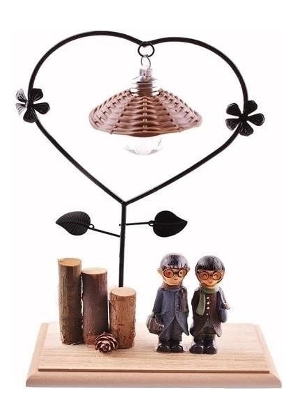 Pilli Işıklı Romantik Çift Tema Büyük Boy Dekoratif Ahşap Biblo