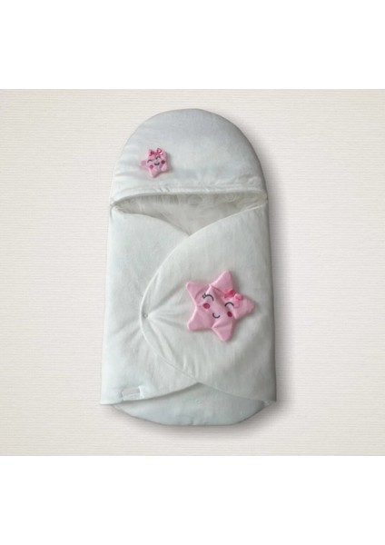 Yenidoğan Çift Yıldız Detaylı Şapkalı Duvaklı Kız Bebek Klasik Kundak Bebek Battaniyesi Ekru