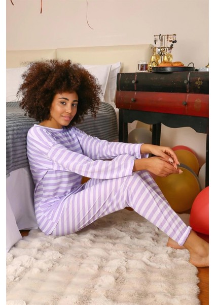 - Kadın Uzun Kol Penye Pijama Takım Lila