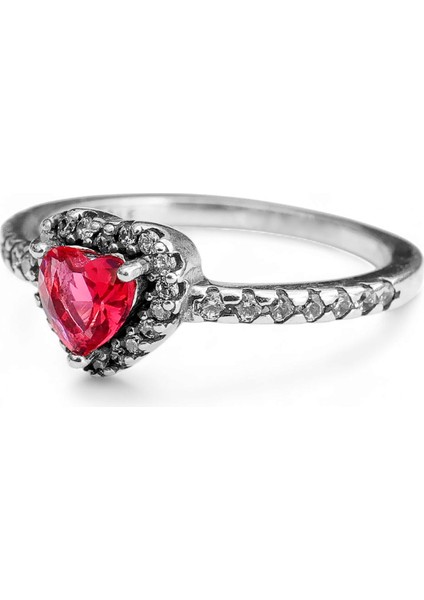 925 Ayar Gümüş Işıltılı Kırmızı Yüksek Taşlı Kalp Yüzük Işıklı Kutuda modelleri