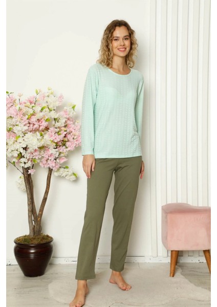 - Kadın Penye Uzun Kol Pijama Takım Su Yeşili