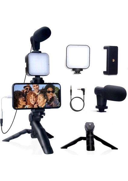 Akıllı Telefon Vlog Kiti Tripod Mini Mikrofonlu Telefon Tutucu indirimleri