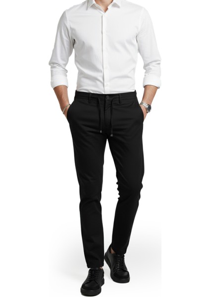 Siyah Esnek Kumaş Slim Fit Beli Lastikli Günlük Spor Pantolon 2601070