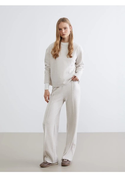 Xsıde Bej Beli Lastikli Geniş Paça Kadın Eşofman Altı