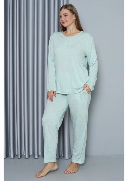 - Kadın Büyük Beden Penye Uzun Kol Pijama Takım Su Yeşili modelleri