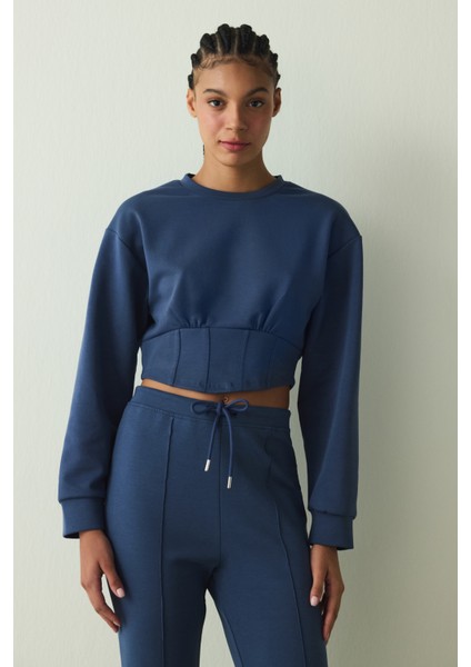 İndigo Belle Line Bisiklet Yaka Crop Sweatshirt