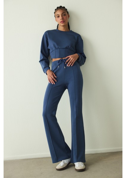 İndigo Belle Line Bisiklet Yaka Crop Sweatshirt