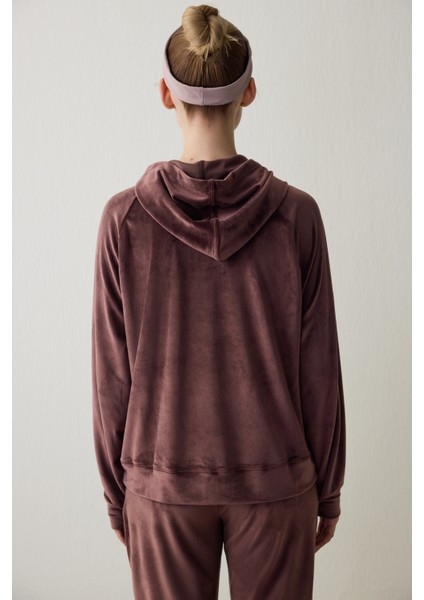 Kahverengi Yumuşak Kadife Sıcak Tutan Termal Etkili Kapüşonlu Sweatshirt