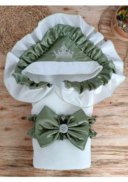 Yenidoğan Mehtap Lüks Kelebek Taç Nakışlı Bebek Battaniyesi Kundak Yeşil