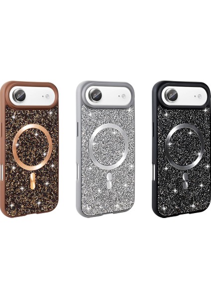 iPhone 17 Air Kılıf Pırlanta Tasarımlı M-Safe Şarj Özellikli Zore Mozaik Silikon Kapak - Siyah