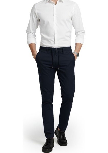 Lacivert Esnek Kumaş Slim Fit Beli Lastikli Günlük Spor Pantolon 2601070