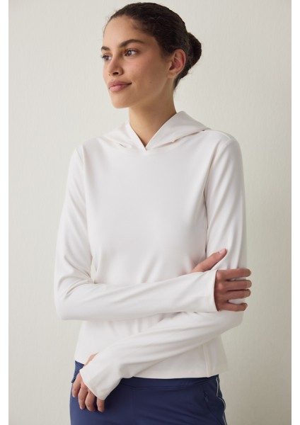 Beyaz Termal Etkili Uzun Kollu Kapüşonlu Üst