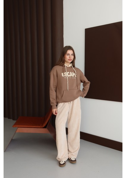 Kadın Kahverengi Kapüşonlu Oversize Sweatshirt