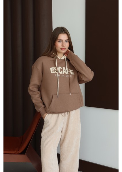 Kadın Kahverengi Kapüşonlu Oversize Sweatshirt modelleri