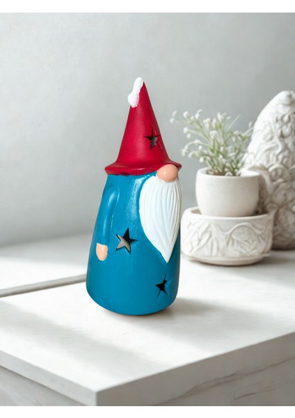 Dekoratif Cüce Figürlü Mumluk – Seramik Biblo | Kırmızı Şapkalı Mavi Cüce