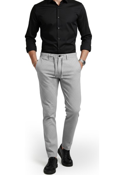 Erkek Gri Likralı Gofre Kumaş Beli Lastikli Ipli Slim Fit Günlük Pantolon 2600650