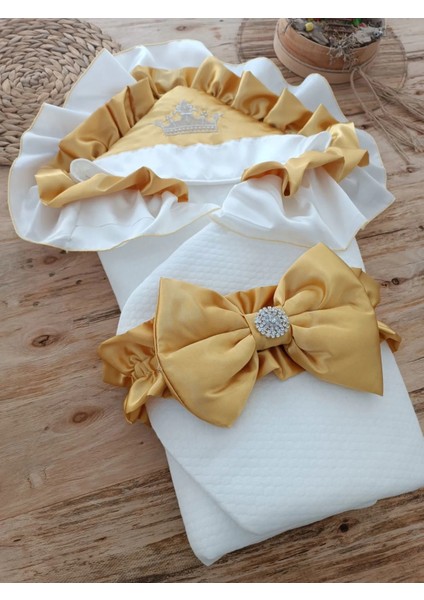 Yenidoğan Mehtap Lüks Kelebek Taç Nakışlı Bebek Battaniyesi Kundak Sarı fiyatları