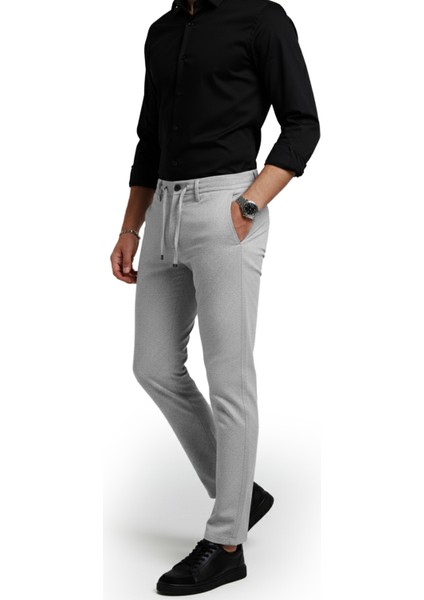 Erkek Gri Likralı Gofre Kumaş Beli Lastikli Ipli Slim Fit Günlük Pantolon 2600650 fırsatları