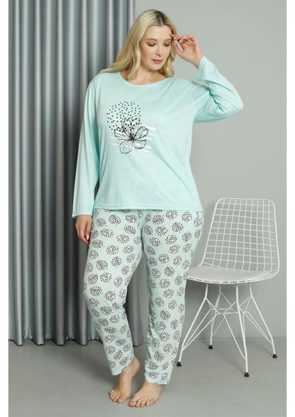 - Kadın Büyük Beden Penye Uzun Kol Pijama Takım Su Yeşili modelleri