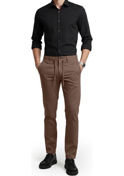 Kahve Esnek Kumaş Slim Fit Beli Lastikli Günlük Spor Pantolon 2601070