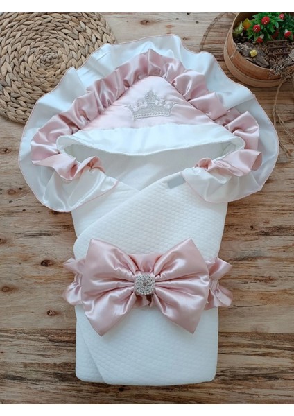 Yenidoğan Mehtap Lüks Kelebek Taç Nakışlı Bebek Battaniyesi Kundak Gül Kurusu