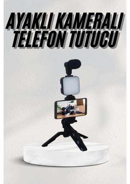 Telefon Tutucu LED Işıklı Kumandalı Mikrofon Telefon Vlog Video Kayıt