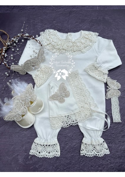 Kelebek Detaylı Yenidoğan 5parça Bebek-Anne Seti,mevlüt Takımı