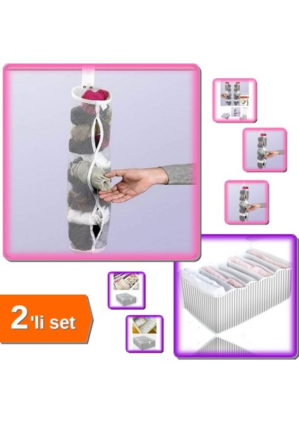 5 Adet Dolap Içi Asılabilir Çorap Düzenleyici + 8 Gözlü Akordiyon Çekmece Düzenleyici - 2li Set W7HL