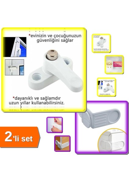Pvc Kapı Pencere Emniyet Kilidi - Çelik + 2 Adet Yapışkanlı Vidasız Köşe Kapak Kilidi - 2li Set 0mcv