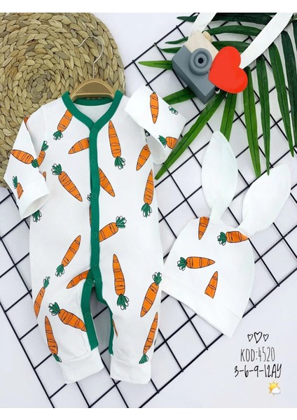 3-6-9-12 Ay Kulaklı Şapkalı Havuç Baskılı Boydan Çıtçıtlı Uzun Kollu Kız Erkek Bebek Tulumu Beyaz