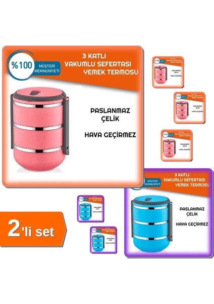 Sefer Tası Yemek Termosu Saklama Kabı 3lü - Pembe + Mavi - Uzun Süre Sıcak Tutma - 2li Set JF5JI7
