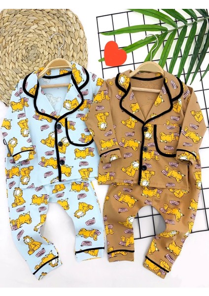 9-12-18-24 Ay Garfield Baskılı Düğme Kapamalı 2li Kız Erkek Bebek Pijama Takımı Mavi
