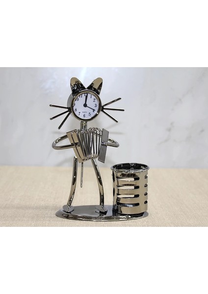 Metal Akordiyon Çalan Müzisyen Kedi Müzisyen Saat ve Kalemlik