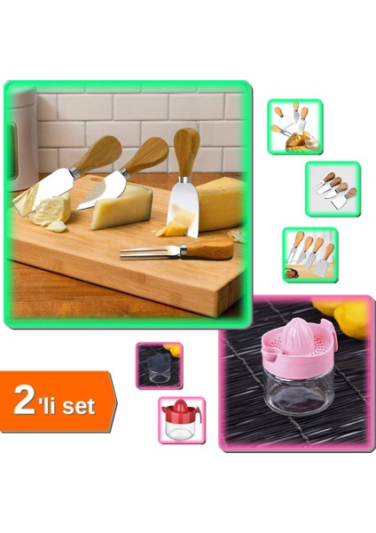 4 Adet Ahşap Saplı Peynir Bıçağı Seti + Narenciye Sıkacağı Cam Kavanozlu Limon - 2li Set 64U909