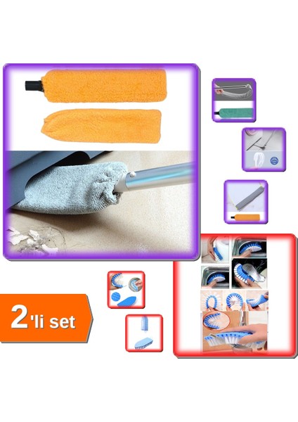 Sihirli Mikrofiber Başlıklı - Sapsız + Bükülebilir Esnek Kenar Köşe Temizleme Fırçası - 2li Set 55L28U