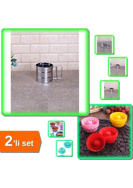 Muffin Kek Kalıbı Silikon 6 Adet + Un Eleği Paslanmaz Pratik 250 gr - 2li Set MTK9FZ