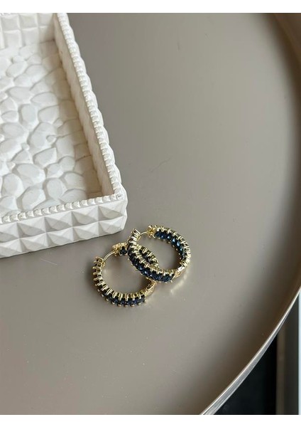 Taşlı Halka Küpe - Lacivert