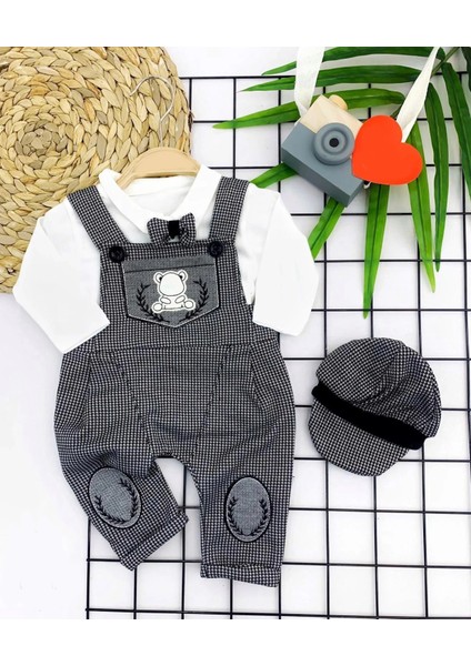 3-6-9-12 Ay Papyonlu Kırçıl Nakış Detaylı Kasket Şapkalı Uzun Kollu 3lü Erkek Bebek Salopet Takımı Gri